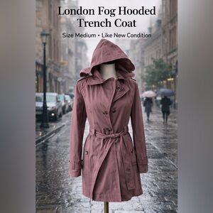 London Fog Hooded Trench Coat Medium Mauve Belted Double Breasted